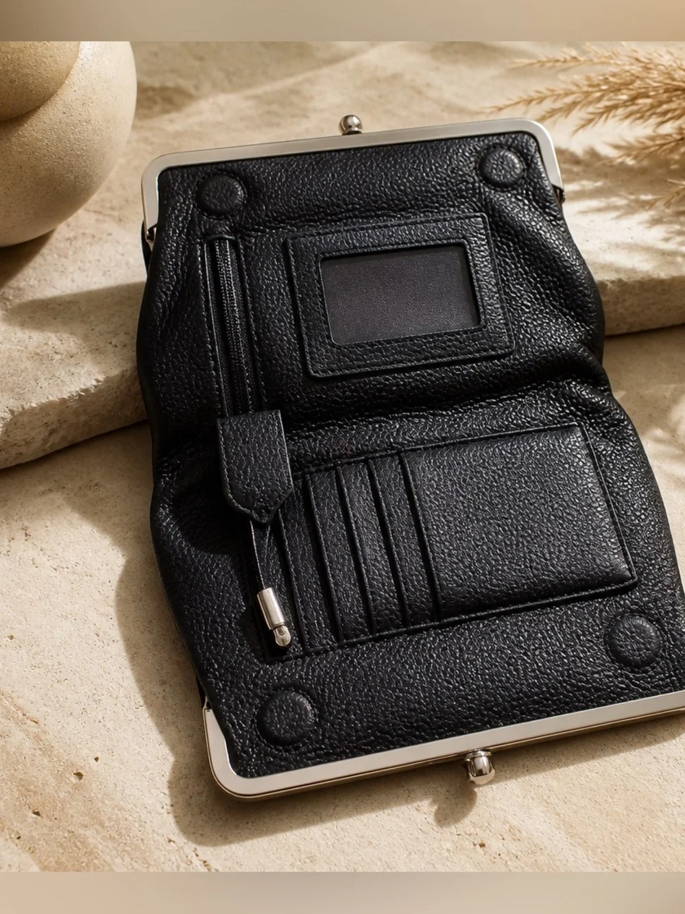 Soft Genuine Leather Black Frame Clutch Wallet | Leopard Lining